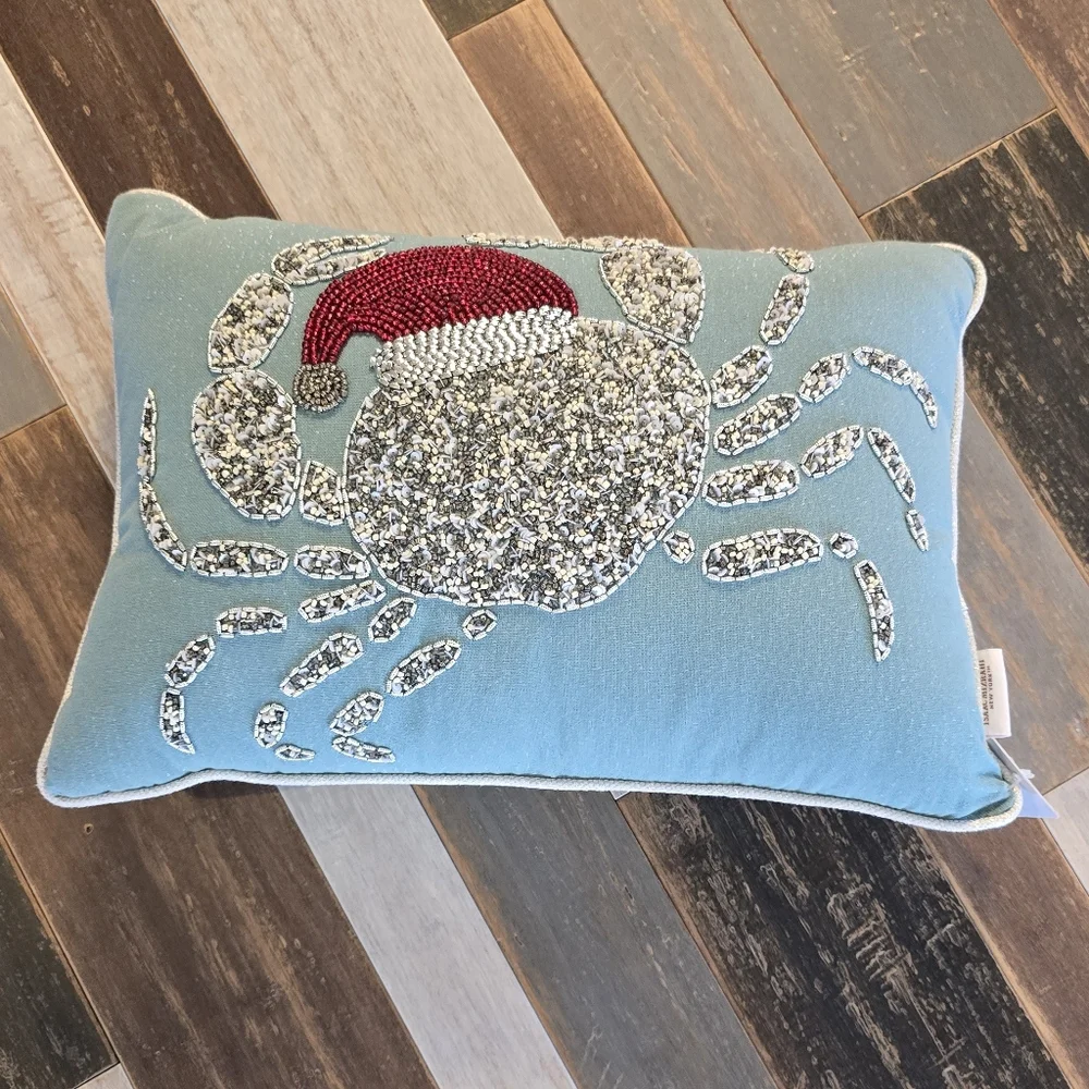 Isaac Mizrahi Holiday Pillow with Silver and Red Crab Design NWT